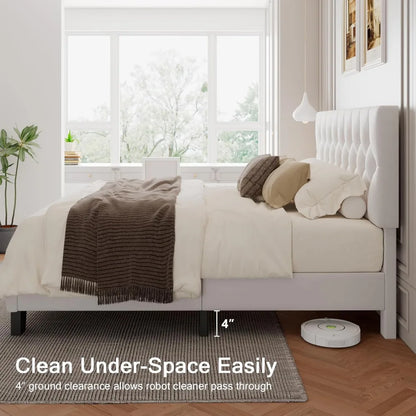 Upholstered Bed Frame with Headboard, Button Tufted Linen Bed Base, Platform Bed with Wood Slat, Heavy Duty,, Customized