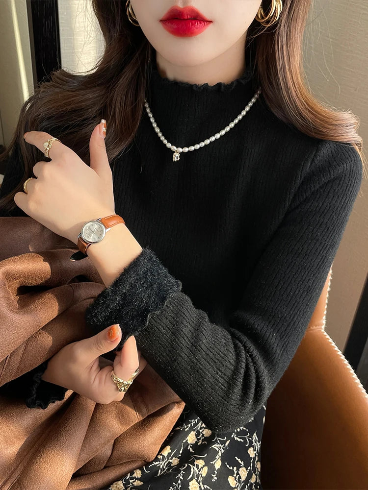 Autumn Elegant Casual Ruffles Knitted Sweater Fashion Women Mock Neck Pullover Solid Top Winter Warm Long Sleeve Knitwear Jumper