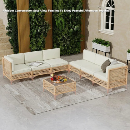 Outdoor Patio Furniture Set, Wicker Outdoor Sectional Set, Boho Patio Conversation Sectional Sofa with Large Tempered Glass Cof