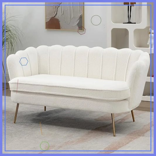 59" Wide Loveseat Sofa, Boucle Upholstered Small Couch with Petal Design, Modern Leisure Sofa with Gold Metal Legs