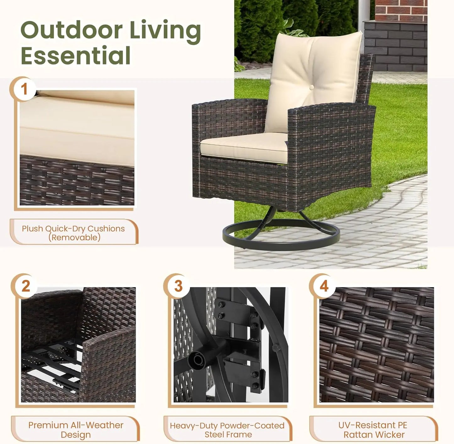 3-Piece Patio Furniture Set, Outdoor Swivel Rocker Patio Chairs Furniture Set of 2 with Matching Side Table