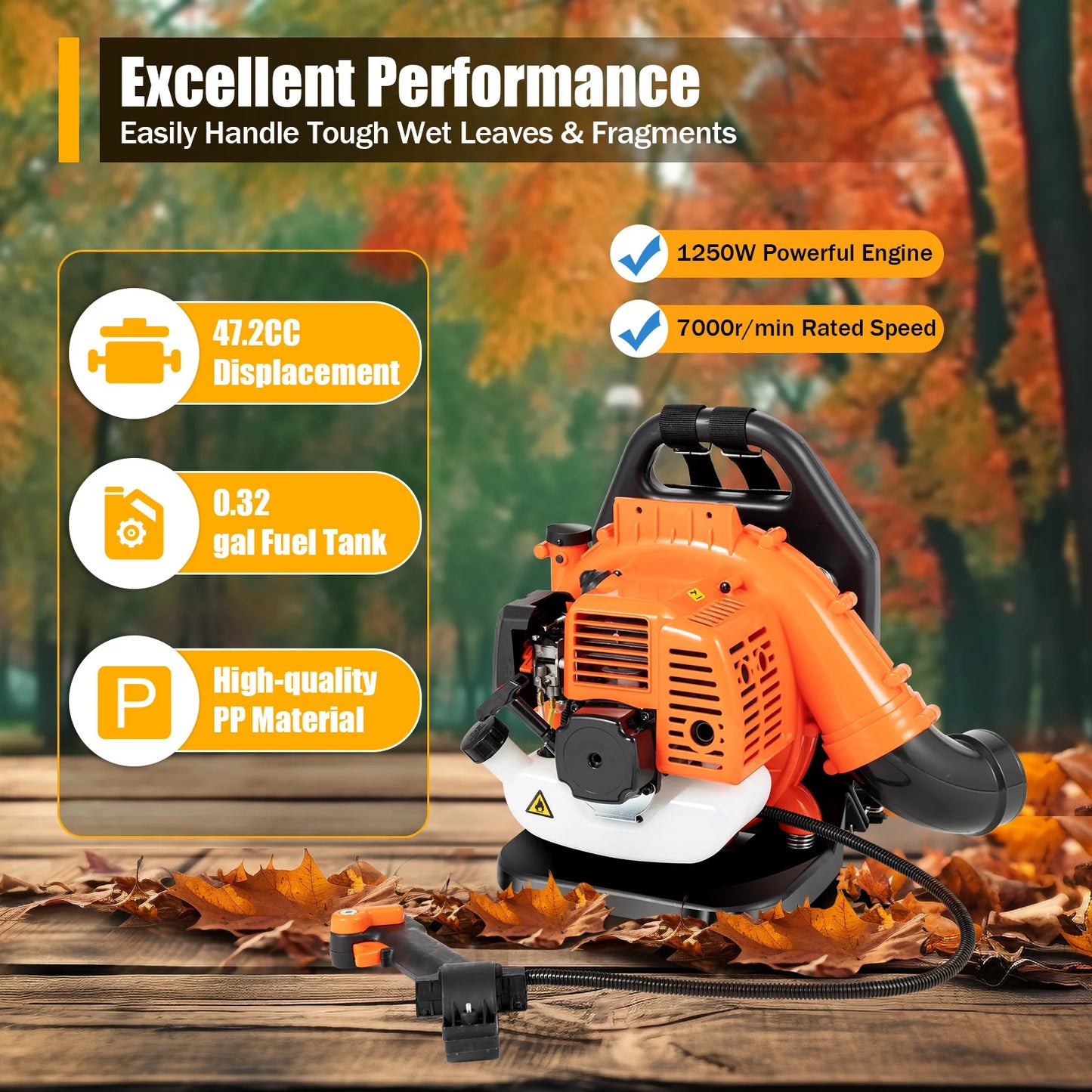 High-Efficiency Gasoline Leaf Blower, 1250W Power, 47.2CC Engine, Adjustable Blowing Range, Comfortable Backpack Design