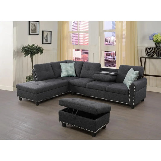 Sectional Sofa Couch, Modern 4-Seaters Living Room Furniture Sets with Chaise Lounge, Ottoman & 2 Pillows | L Shape Couch