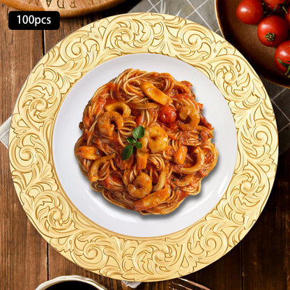 100-Piece Round Charger Plates Set in Black Silver Green Gold with Patterns Reusable Serving Plates for Weddings Banquets