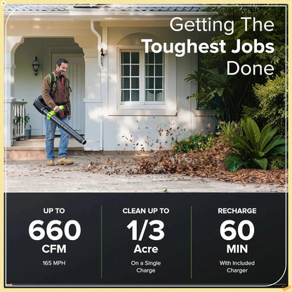 Brushless Backpack Leaf Blower, Commercial-Grade Power for Yards,  Patios, Includes 5.0Ah Battery & 5A Rapid Charger