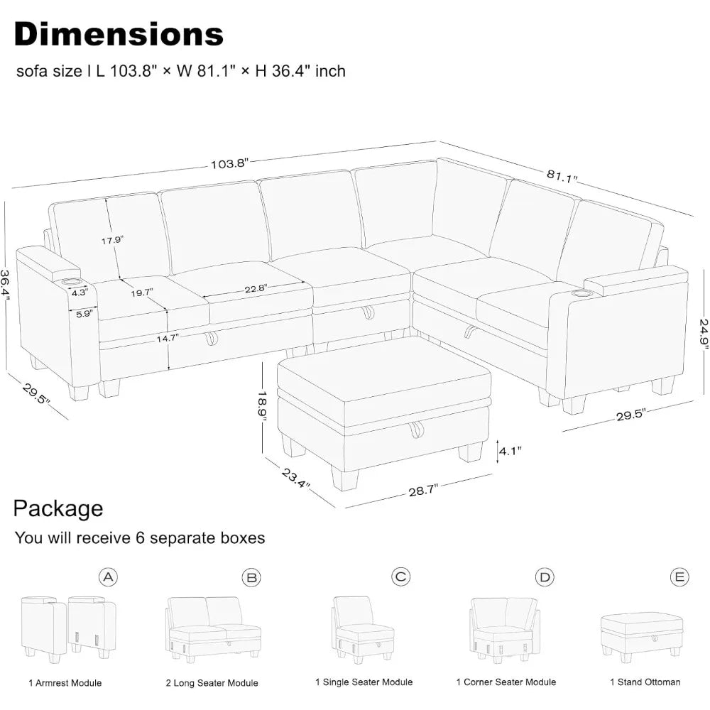 Chenille Modular Sectional Sofa Convertible L Shaped Corner Couches for Living Room with Storage Armrest with Cup Holder Dark G