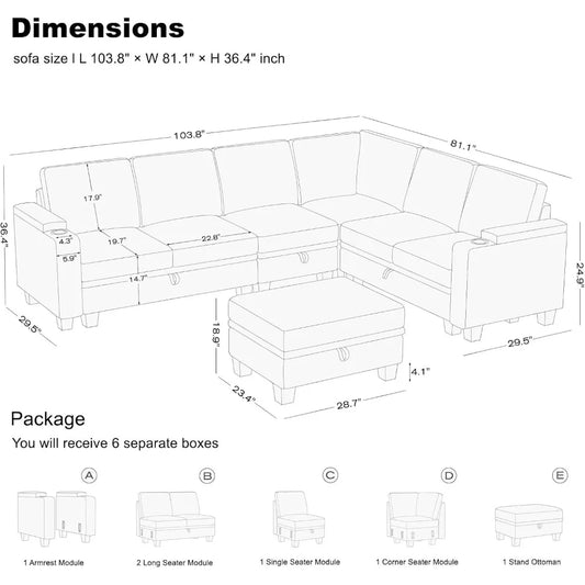 Chenille Modular Sectional Sofa Convertible L Shaped Corner Couches for Living Room with Storage Armrest with Cup Holder Dark G