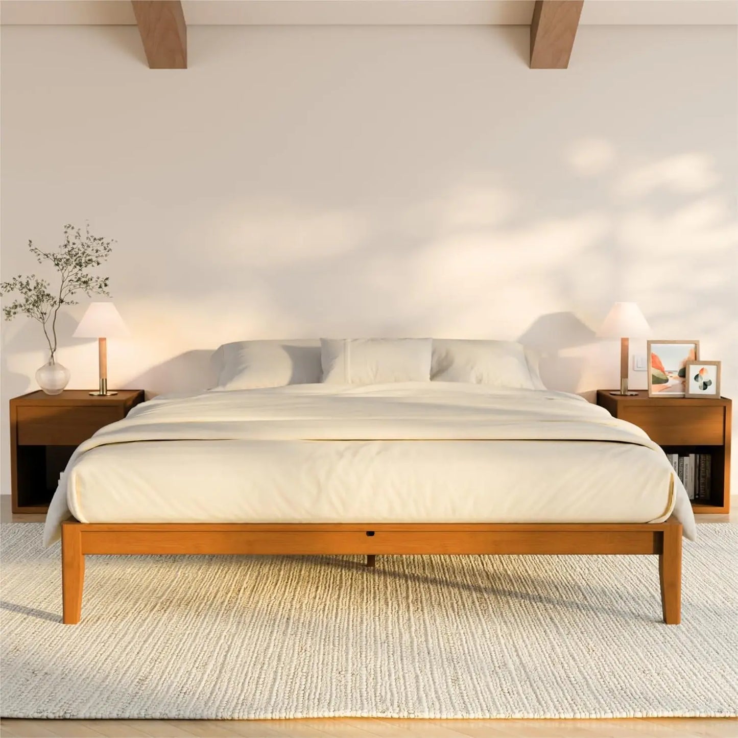 King Japanese Joinery Platform Bed Frame, Mid-Century with Tall Headboard, Noise-Free Solid Bamboo Wood, Customized
