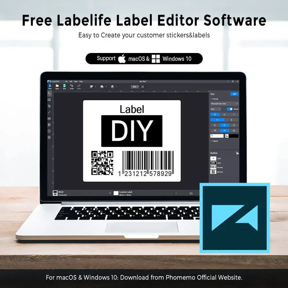 Phomemo M220 Label Printer Portable Handheld Thermal Maker Bluetooth Barcode QR Code Sticker Paper Rolls Labeller White 75mm Tag