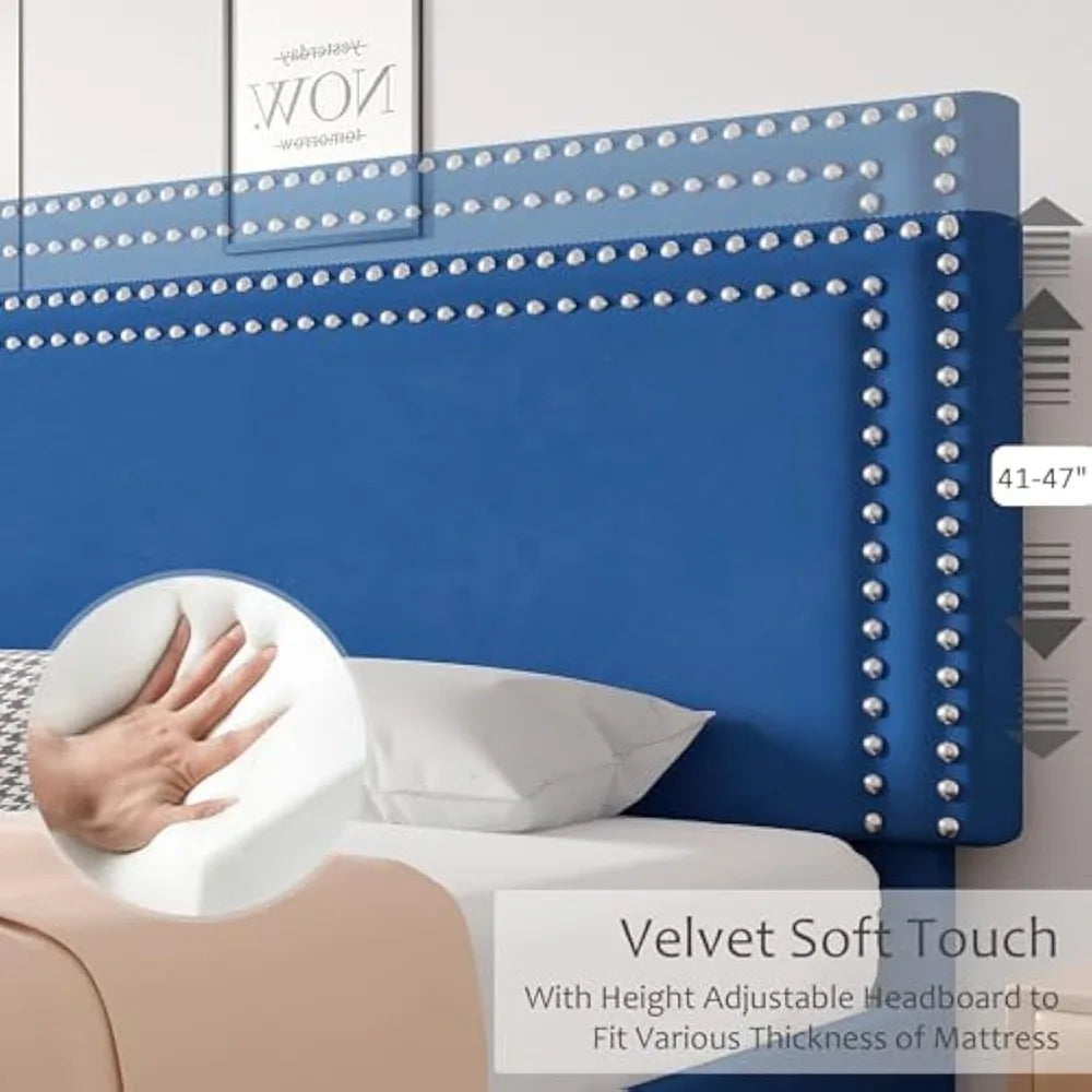 Full Size Platform Bed Frame with Height Adjustable Upholstered Headboard, Modern Mattress Foundation,Strong Wood Slat Support