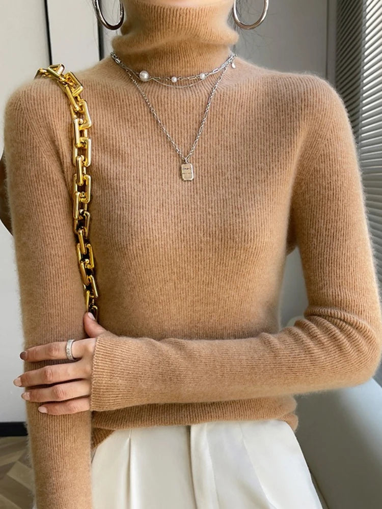 AOSSVIAO 2025 Autumn Winter Soft Turtleneck Cashmere Knitted Sweater Korean Style Slim Fit Solid Color Basics Pullovers