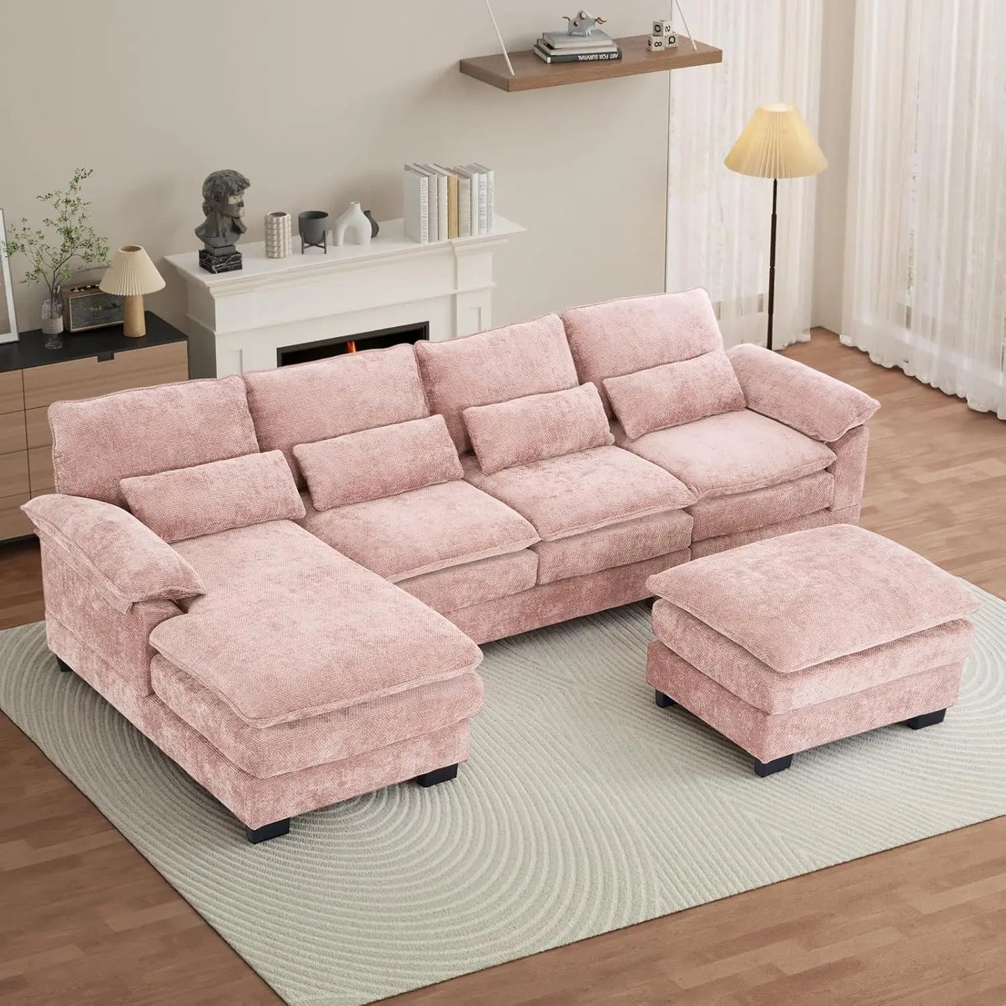114" U Shape Sectional Cloud Couch with Ottoman,Fluffy Sectional Couches for Living Room,4 Seater Modular, Customized