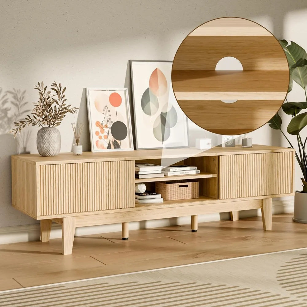 TV Stands for 55 60 65 inch TV, Oak Fluted TV Stand for Living Room Bedroom, Mid Century Modern TV Console Tables, Entertainment