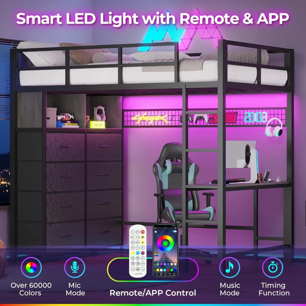 Twin Loft Bed with Desk, 8 Drawers, LED Lights, and Charging Station - Metal Storage Bed