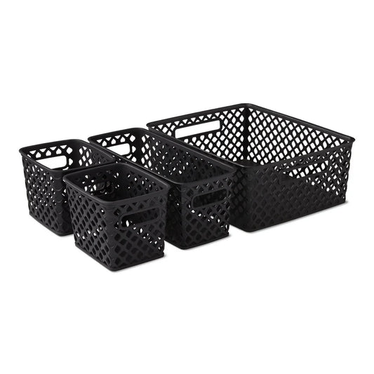 4 Piece Black Decorative Storage Basket Set Durable Plastic Organization Bins with Cut-Out Handles Versatile Home Storage