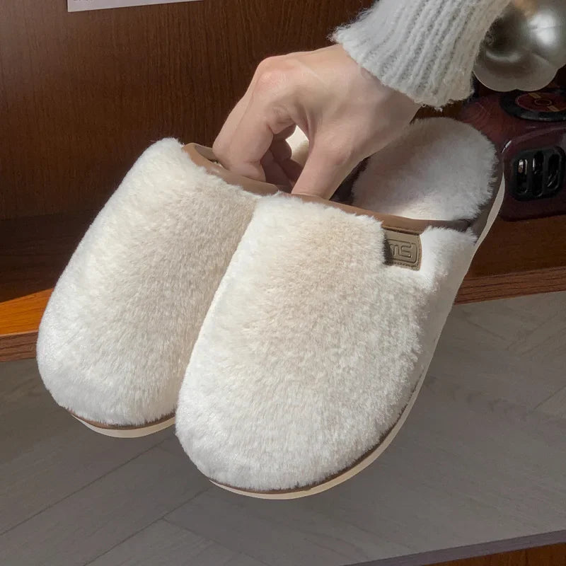 Crestar Women Warm Fuzzy Slippers Winter New Plush Indoor Flat Slides Comfy Soft Sole Fur Men Shoes Fluffy House Cotton Slippers