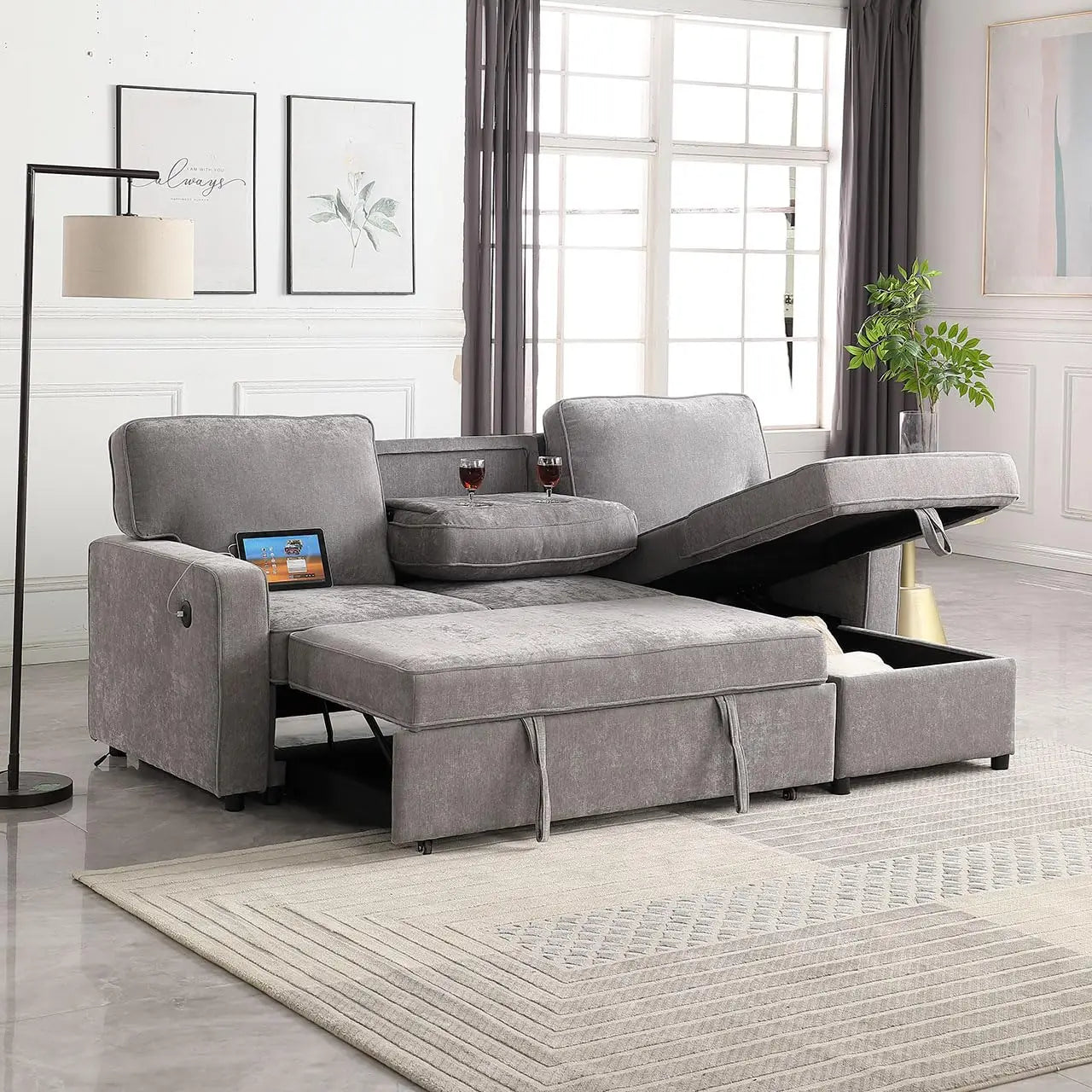 89" Sofa Bed, Chenille Modern 2-in-1 Convertible Sleeper Sofa, Pull Out Couch Bed with Storage Chaise, L Shaped Couch with USB a