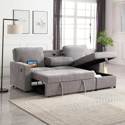 89" Sofa Bed, Chenille Modern 2-in-1 Convertible Sleeper Sofa, Pull Out Couch Bed with Storage Chaise, L Shaped Couch with USB a