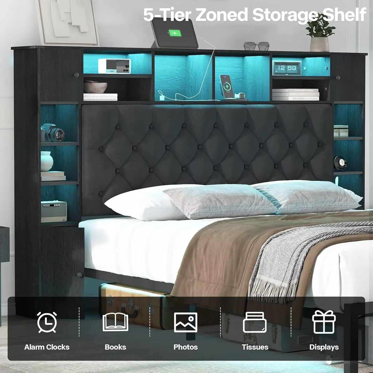 Queen Bed Frame with Bookcase Headboard and Storage Drawers, 51.2" Metal Platform Queen Size Bed Frame , Black