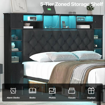 Queen Bed Frame with Bookcase Headboard and Storage Drawers, 51.2" Metal Platform Queen Size Bed Frame , Black