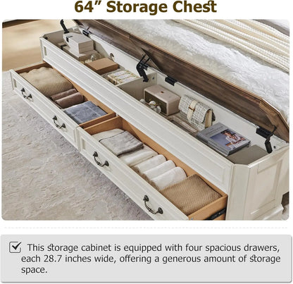 Farmhouse Queen Bed with Headboard and Storage Bench, Rustic Wood Platform Bed with 64" Storage Chest w/ 4 Large Storage Drawer