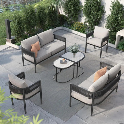 6-Piece Wicker Outdoor Furniture Set with Beige Thick Cushions and Coffee Table, Patio Sofa Conversation Set