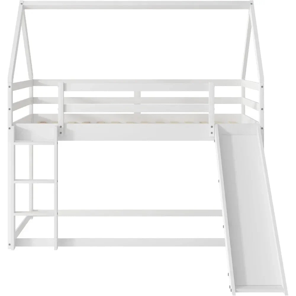 House Bunk Bed with Convertible Slide and Ladder, Floor Bunk Bed Twin Over Twin Bunk Bed with Roof and Security Guardrails