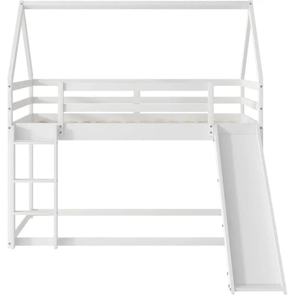 House Bunk Bed with Convertible Slide and Ladder, Floor Bunk Bed Twin Over Twin Bunk Bed with Roof and Security Guardrails