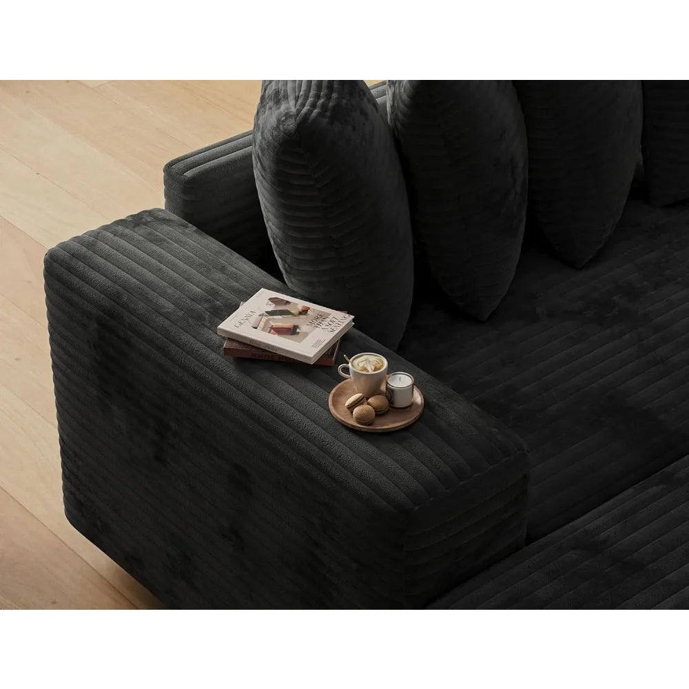 L-Shaped Modular Sectional Sofa with Chaise Lounge, Plush Corduroy Cloud Couch, Deep Seating for Living Room in Black