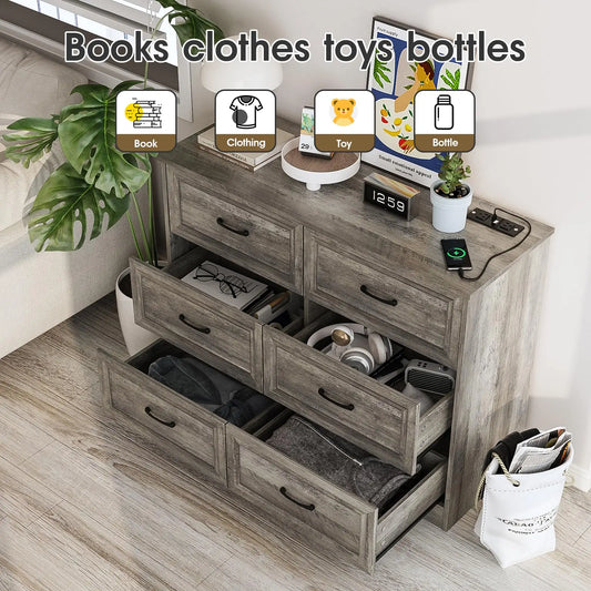 Vabches 6 Drawer Dresser for Bedroom Wood Chest of Drawers with Power Strip Tall Dresser Organizer with Metal Handle for Hallway