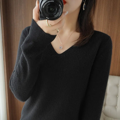 Women Solid Sweater Spring Autumn Woolen Pullovers V-neck Slim Fit Bottoming Shirt Solid Soft Knitwear Jumpers Basic Sweaters
