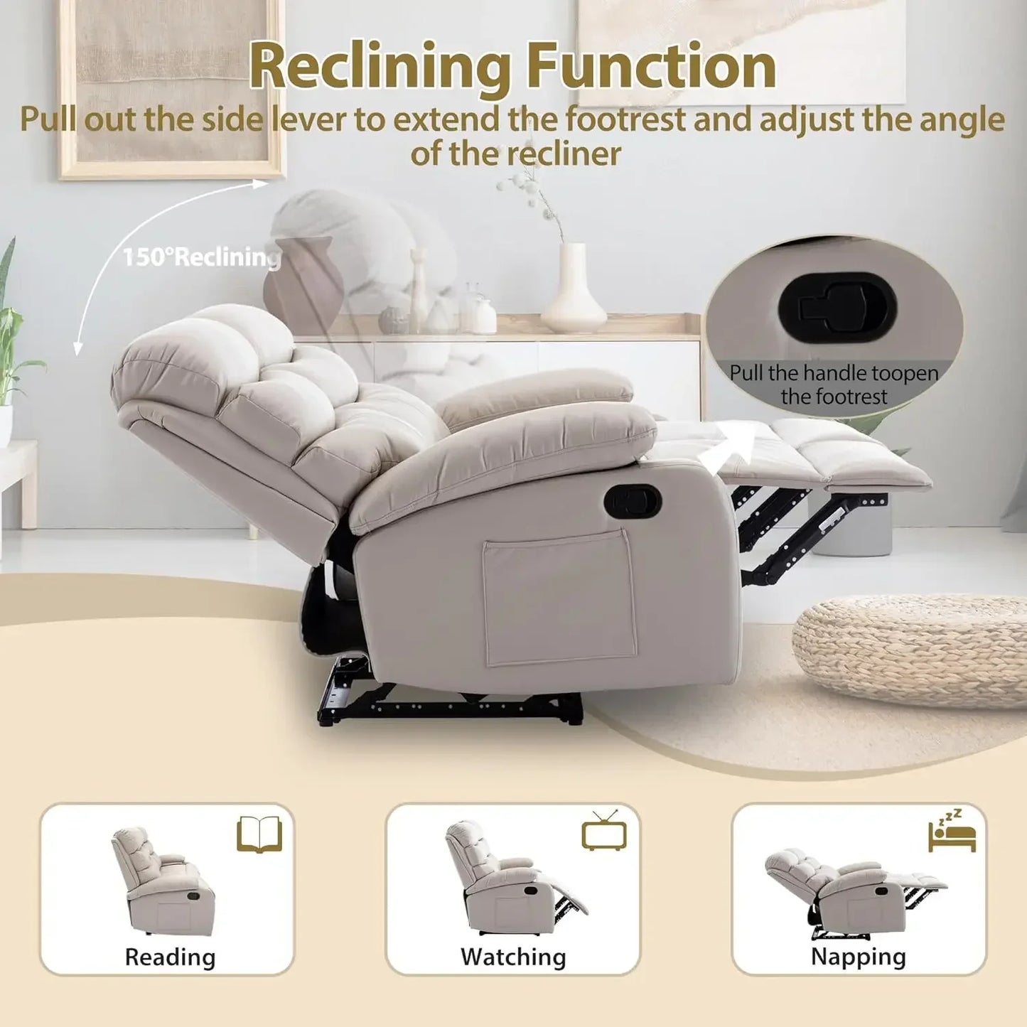 Manual 3 Seat Reclining Sofa Leather 3-Seater Manual Reclining Couch with Overstuffed Arms 3 Seater Couch Recliner, Customized