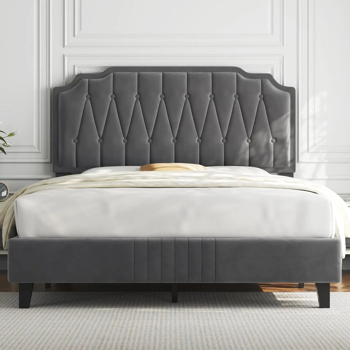 Bed Frame Velvet Upholstered Platform Bed with Curved Headboard, Height-Adjustable Headboard/Noise-Free/Wooden, Customized