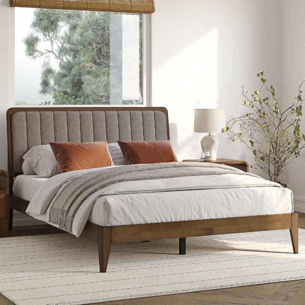 Casa Raven Solid Wood Queen Size Bed Frame - Mid Century Modern Style, Platform with Tufted Upholstered Adjustable Height Head