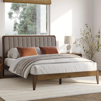 Casa Raven Solid Wood Queen Size Bed Frame - Mid Century Modern Style, Platform with Tufted Upholstered Adjustable Height Head