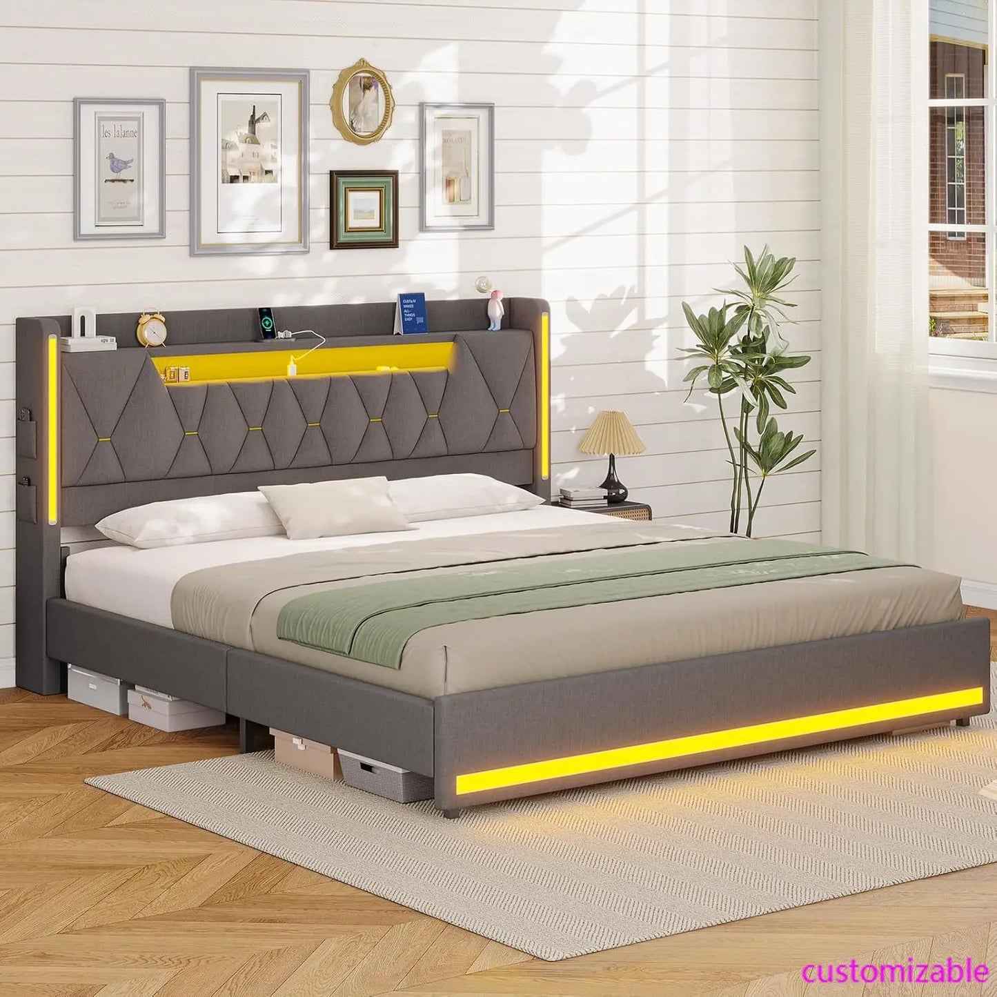 Platform Bed Frame King Size with Storage Headboard and LED Lights,King Size Bed Frame, Upholstered Headboard