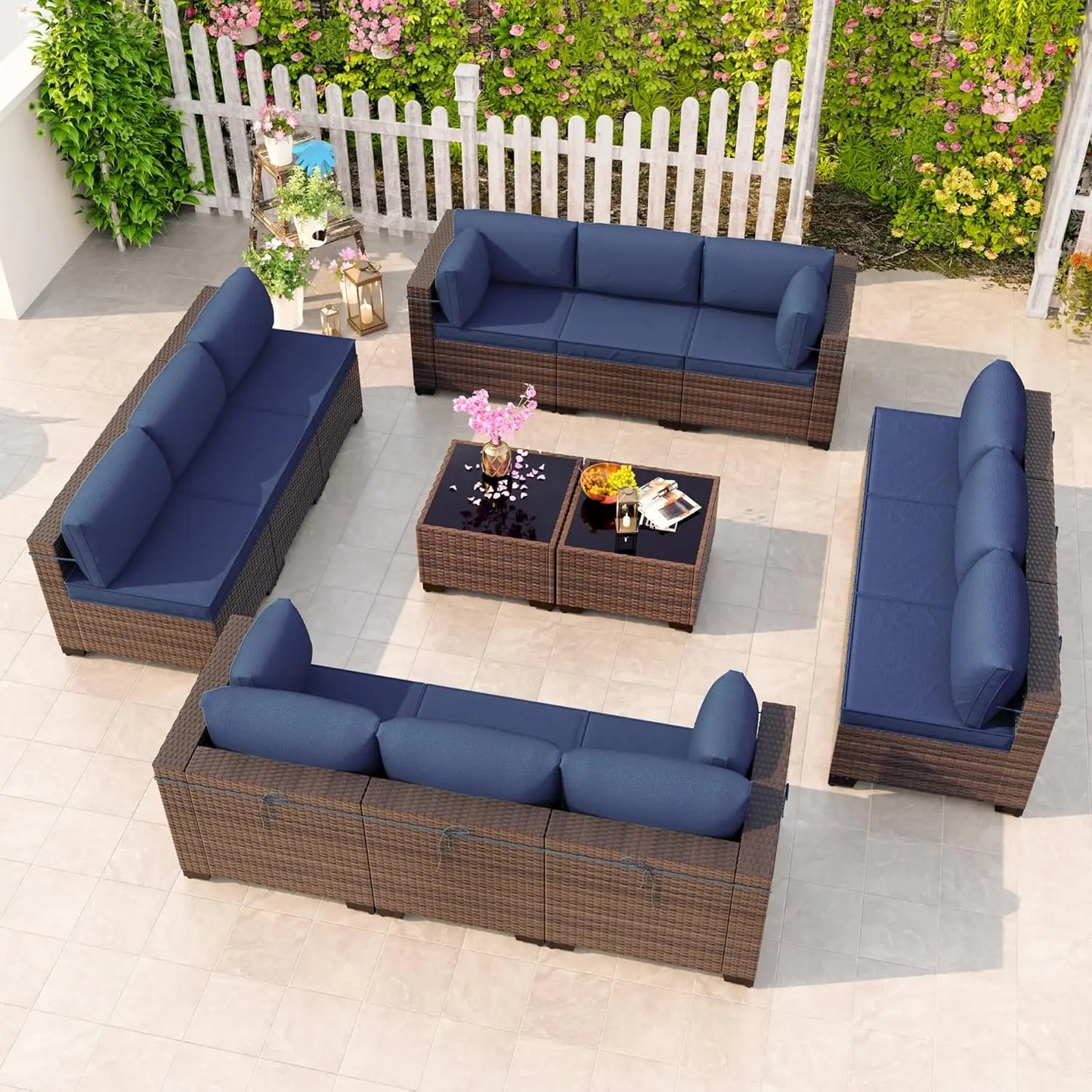 12 Pieces Outdoor Patio PE Rattan Sectional Sofa Set with Cushions & Tempered Glass Coffee Table for Garden Porch, Customized