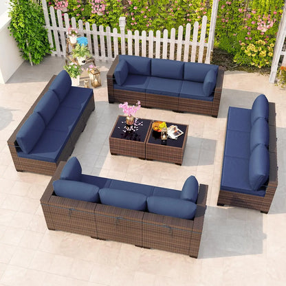 12 Pieces Outdoor Patio PE Rattan Sectional Sofa Set with Cushions & Tempered Glass Coffee Table for Garden Porch, Customized