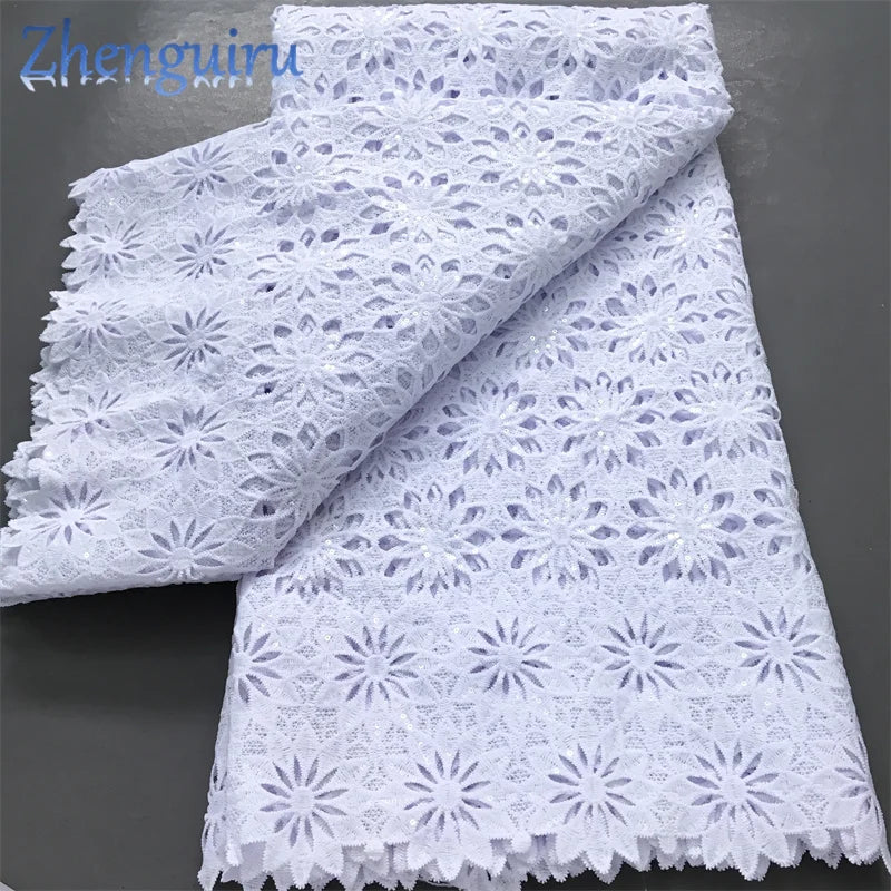 Pure White Nigerian Guipure Lace Fabric 2025 High Quality Water Soluble African Sequin Cord Lace Fabric for Party Dress Sew 4025