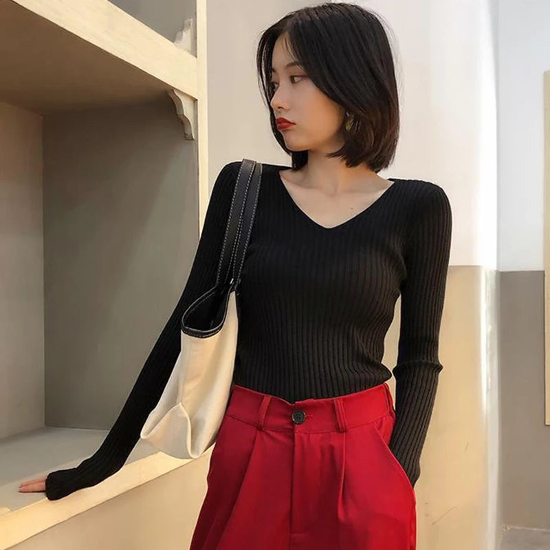 2025 Autumn Winter Women Solid Rib Knit V Neck Stripe Pull Sweater Femme Long Sleeve Pullover Jersey Tops Fashion Clothes Y2k