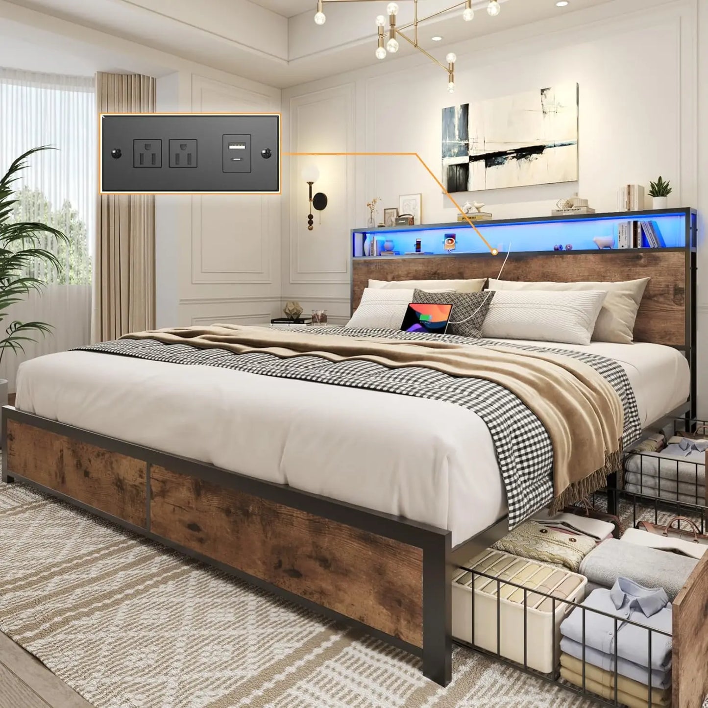 Queen Bed Frame with 2-Tier Storage Headboard, Metal Platform Bed Frame with 4 Storage Drawers, Built in Charging, Customized