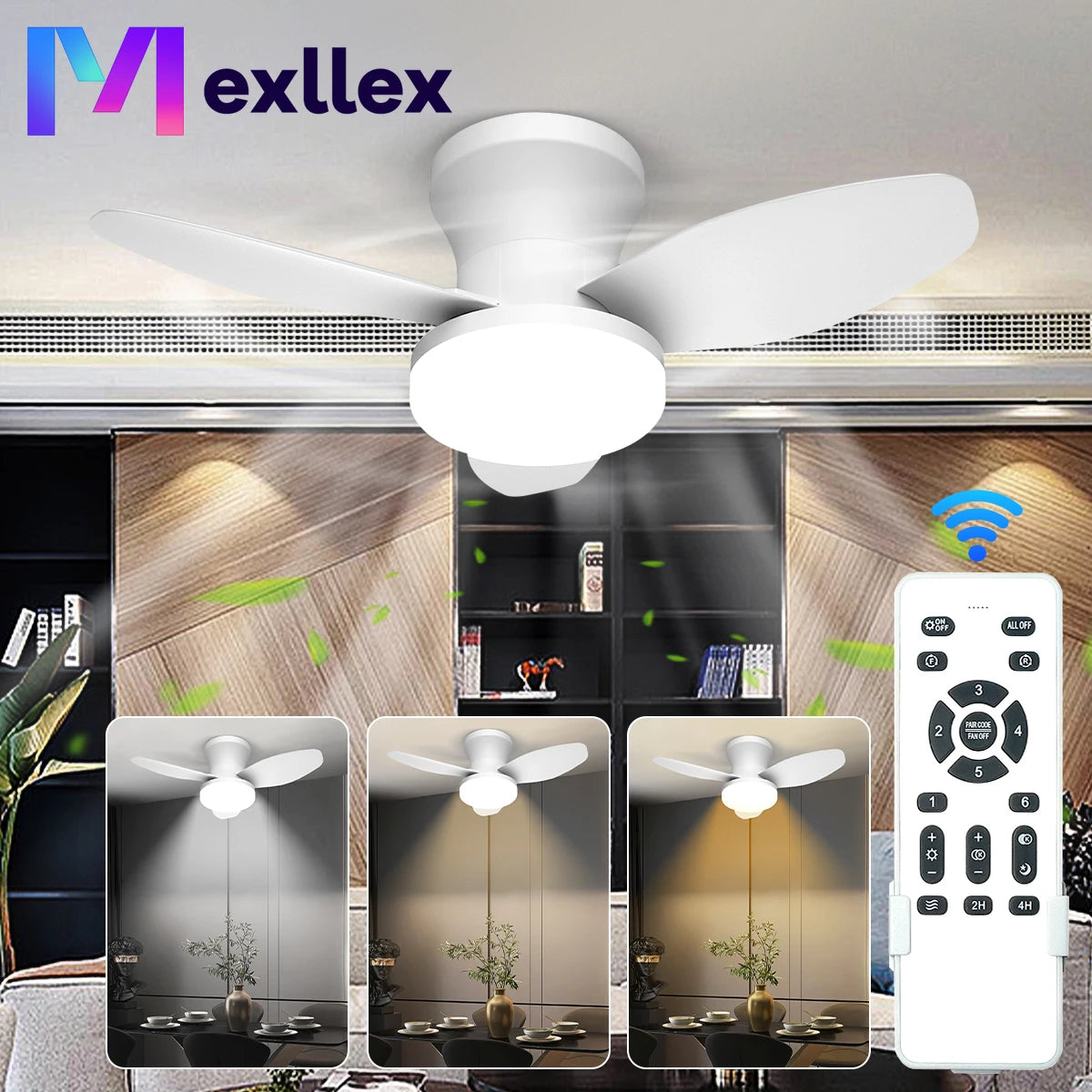 Mexllex Three Leaf Ceiling Fan with Light & Remote Control, 6 Speed, Reversible Noiseless, Dimmable LED Chandelier for Bedroom