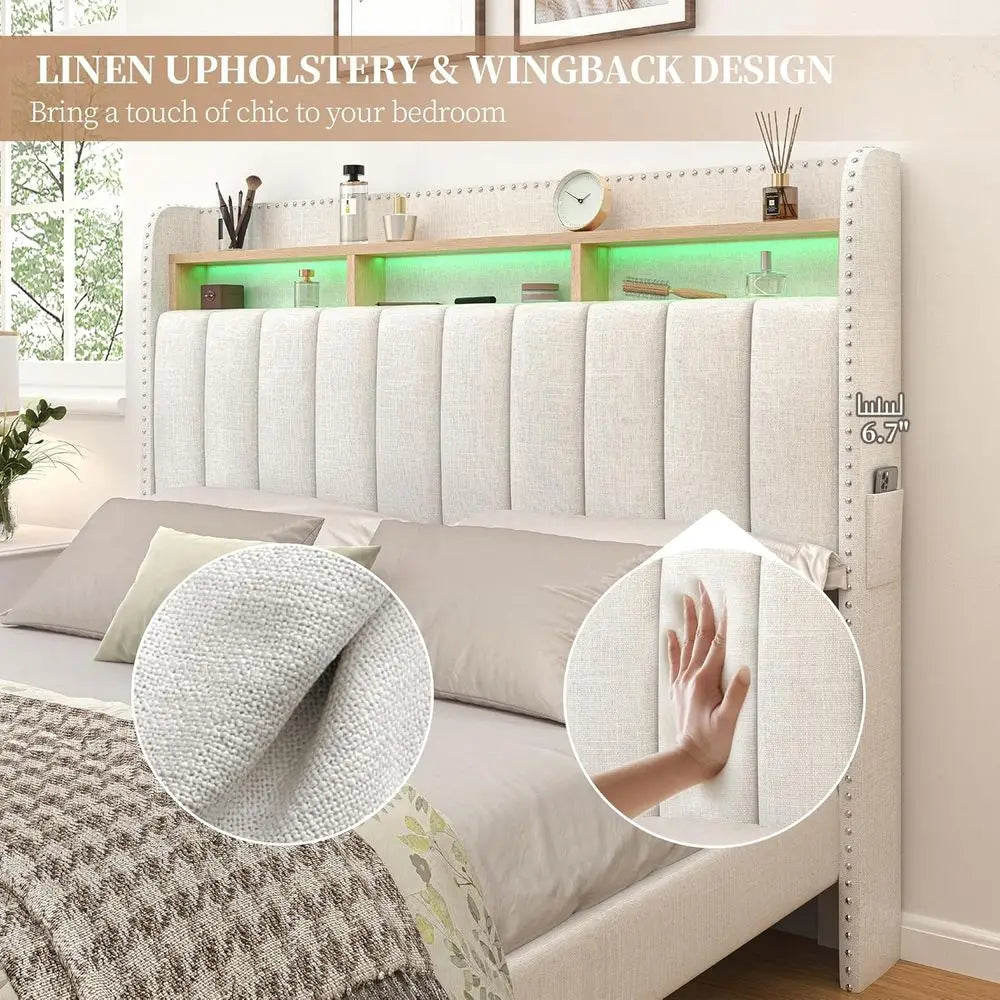 Modern Platform Bed with Upholstered Wingback Headboard, 2 Drawers, Channel Tufted, No Box Spring Needed Customized