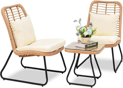 3 Piece Outdoor Wicker Bistro Set, Patio Conversation Sets w/2 Large Rattan Chairs and Tempered Glass Table, Patio Furniture