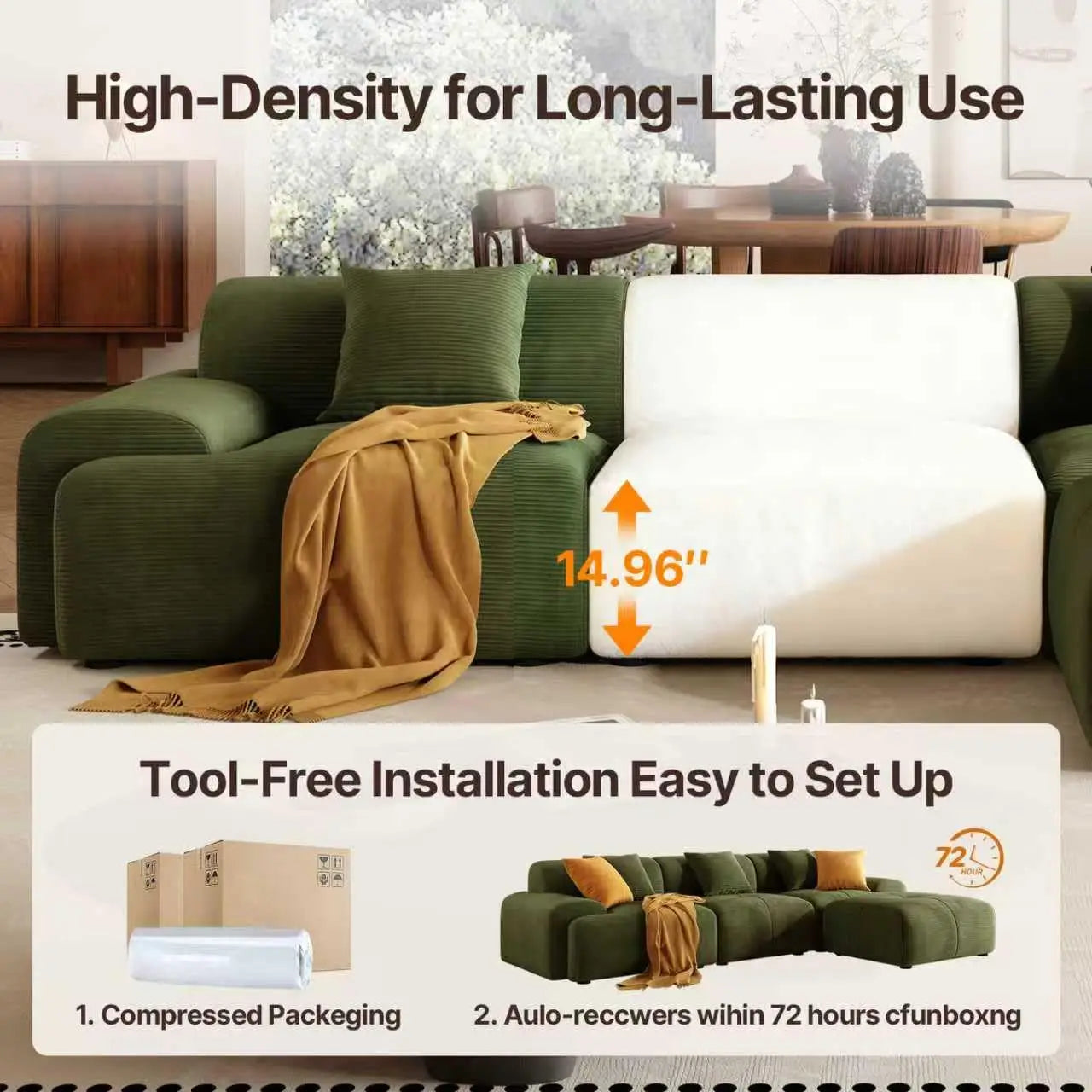 113" L-Shape Modular Sectional Sofa Corduroy Upholstery 3-Seater Cloud Couch Movable Ottoman Living Room Green, Customized