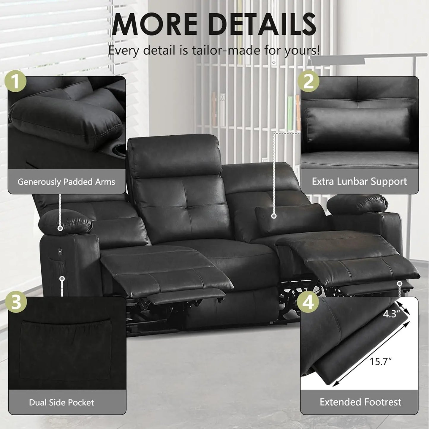 Power Reclining Sofa with Heat and Massage, Electric Reclining Couch with Extended Footrest, Wall Hugger Recliner, Customized