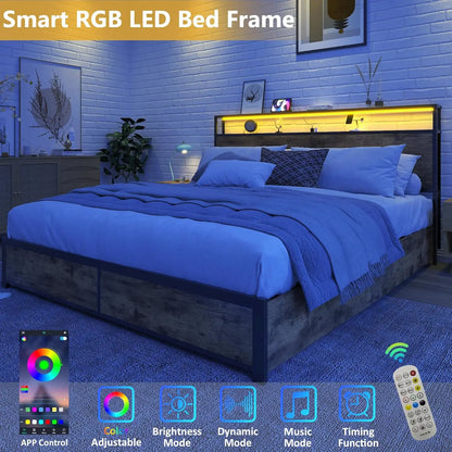 Queen Bed Frame with 2-Tier Storage Headboard, Metal Platform Bed Frame with 4 Storage Drawers, Built in Charging, Customized