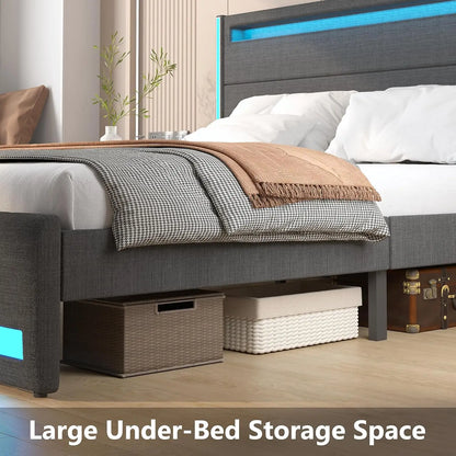 King Size Platform Bed with LED Lights, USB Charging & Adjustable Headboard - Dark Grey, No Box Spring Needed