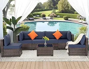 7 piece outdoor wicker patio furniture set, rattan sectional sofa couch, patio conversation set with cushion & coffee table, fo