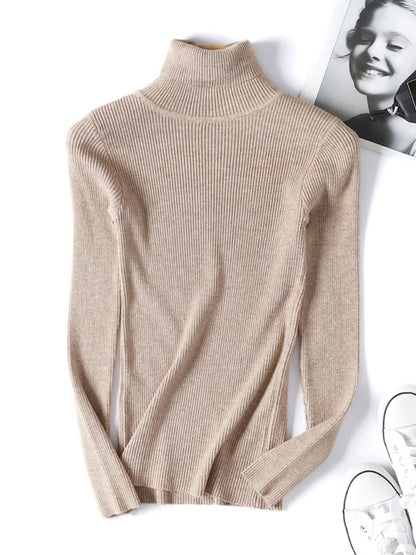 Casual Soft Polo-neck Jumper New Autumn Winter Women Knitted Turtleneck Sweater Fashion Slim Elasticity Solid Ribbed Pullovers